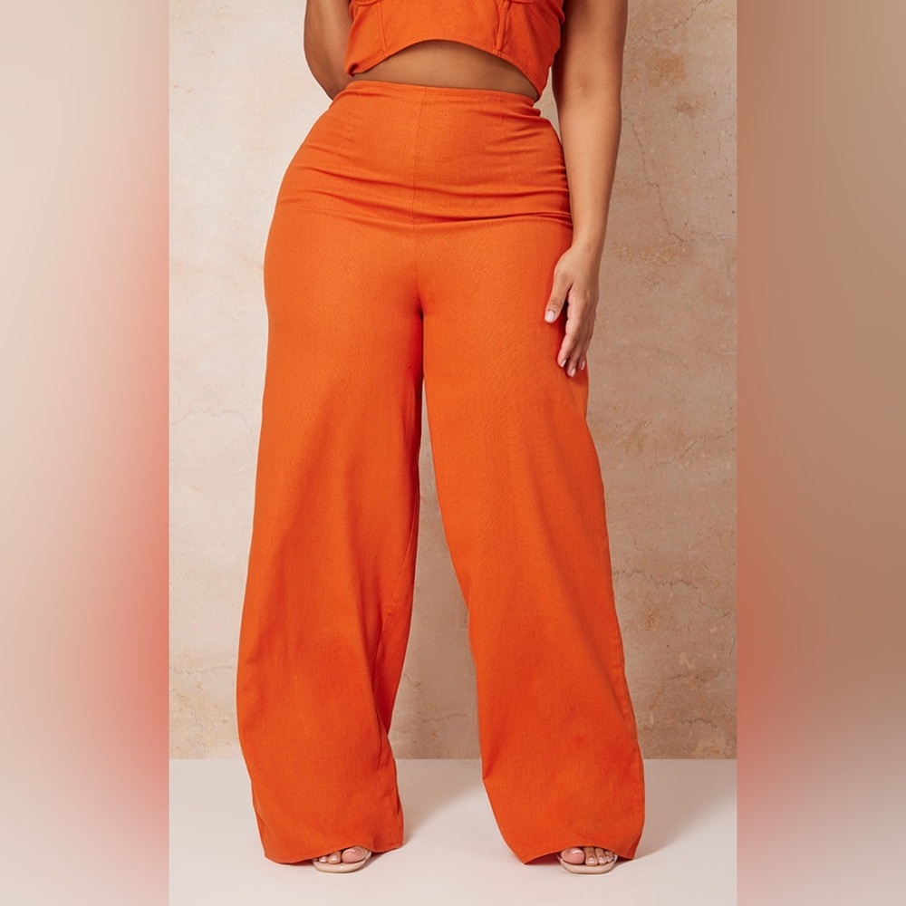 PrettyLittleThing Rust Orange One Shoulder Crop Top and Wide Leg Pants Set 14 - Picture 4 of 6